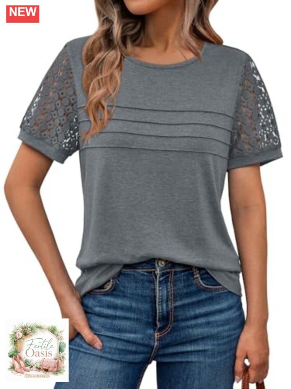 Dressy Casual Short Sleeve Blouse Lace Trim Crewneck Summer Top